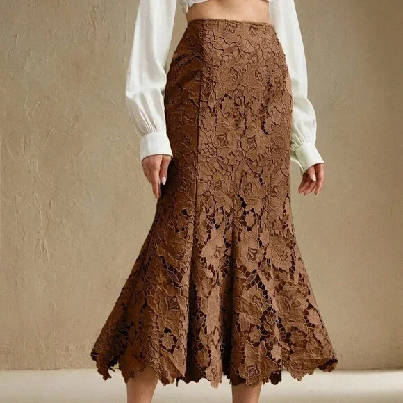 Coffee Brown Elegant Women's Patchwork Design Heavy Lace Hollow-Out Skirt - Picture 4 of 7